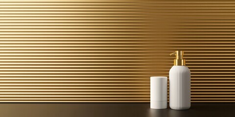 Aufkleber - A sleek white bottle and cylindrical container sit against a textured golden striped background, creating a modern, elegant aesthetic.
