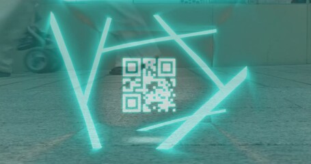 Poster - Glowing QR code with blue lines on urban pavement background