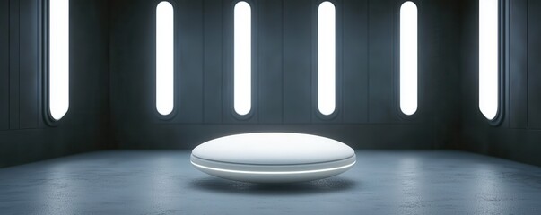 Poster - A sleek, futuristic platform is centered in a dimly lit room with vertical white lights and smooth concrete flooring.