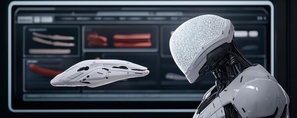 Fototapete - A futuristic robot with a high-tech design stands near a floating object, set against a digital interface displaying various components.