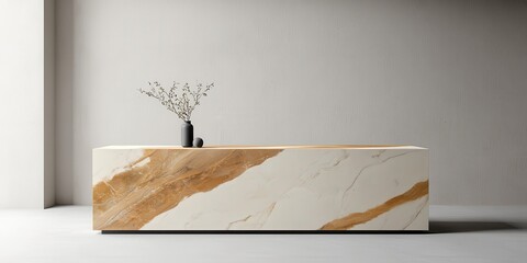 Aufkleber - A minimalist table with a marble finish, featuring golden veins, and a small vase with dried flowers on top, set against a textured wall.