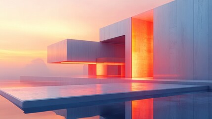 Poster - A modern architectural structure with geometric shapes, illuminated by orange light against a serene sunset backdrop, reflecting in still water.