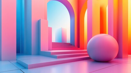 Poster - A vibrant, abstract scene featuring colorful geometric shapes, arches, and a large sphere, creating a visually striking environment.