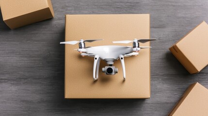 Poster - A white drone is positioned atop a brown cardboard box, surrounded by smaller boxes, showcasing modern technology and delivery themes.