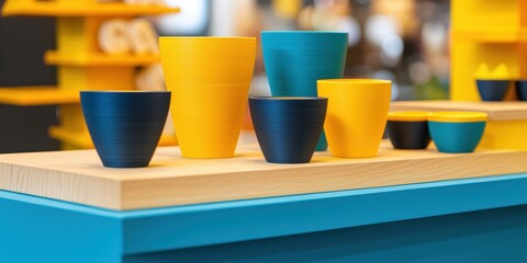 Poster - A vibrant display of colorful pottery featuring yellow and blue containers arranged on a wooden surface, highlighting modern design and aesthetics.