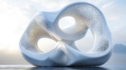 Poster - A futuristic, abstract sculpture with intricate mesh patterns, rising from water, surrounded by a serene landscape.