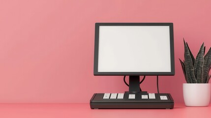 Aufkleber - A minimalist workspace featuring a computer monitor and a potted plant against a pink background.