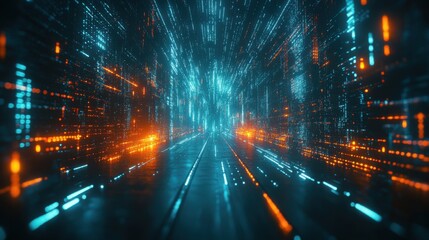 Poster - A futuristic tunnel of vibrant blue and orange lights, creating a sense of speed and depth, resembling a digital or virtual reality environment.