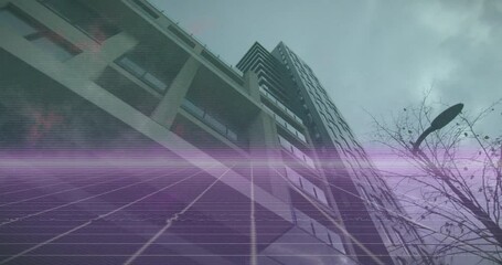 Poster - Digital grid and data lines overlaying urban skyscraper, creating animation effect