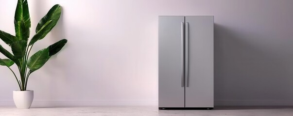 Poster - A sleek silver refrigerator stands against a minimalist wall, accompanied by a vibrant green plant in a white pot, blending modern design with natural elements.