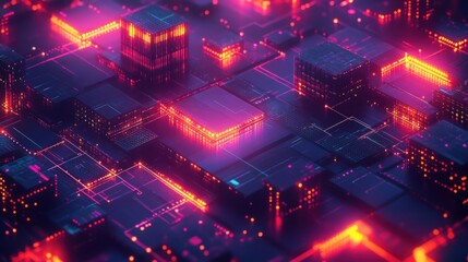 Poster - A vibrant, abstract representation of a digital cityscape with glowing neon lights and interconnected blocks, evoking a sense of technology and innovation.