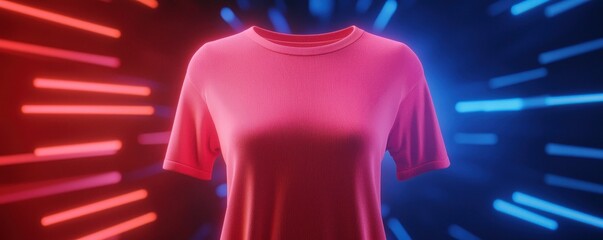Poster - A vibrant pink shirt is showcased against a dynamic background with striking red and blue light streaks, creating a modern and energetic visual effect.