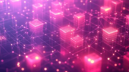 Poster - A vibrant digital landscape featuring interconnected cubes and lines, radiating a neon glow, representing concepts of data, technology, and connectivity.