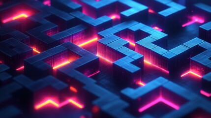 Poster - A vibrant, abstract image featuring a maze-like structure illuminated with glowing neon lights in shades of blue and pink.