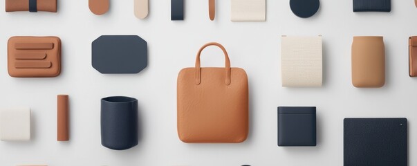 Poster - A stylish arrangement of leather and fabric accessories, featuring various shapes and colors, showcasing modern design aesthetics.