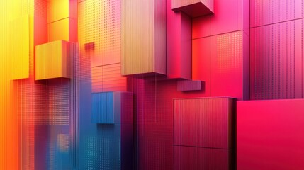 Poster - A vibrant abstract wall of colorful, geometric shapes in hues of red, yellow, and blue, showcasing a modern artistic design.