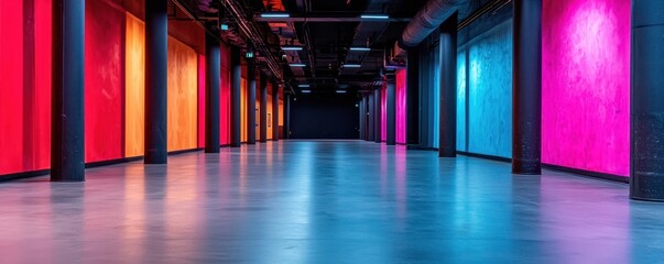 Poster - A vibrant corridor featuring colorful walls in shades of pink, orange, and blue, illuminated by artificial lighting, creating a modern and artistic atmosphere.