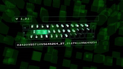 Poster - digital animation with numbers and icons overlaying geometric pattern background