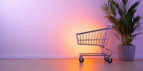 Poster - A shopping cart stands beside a potted plant against a softly lit wall, blending modern retail with a touch of nature.