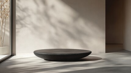 Poster - A minimalist interior featuring a round, dark object on a light surface, illuminated by soft shadows from nearby natural light.