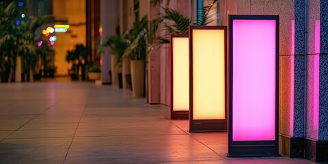 Aufkleber - Colorful illuminated lamps line a modern corridor, creating a vibrant atmosphere amidst greenery and stylish architecture.