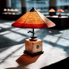 Aufkleber - Artisan Table Lamp with Woven Shade and Geometric Base in Lobby Sunlight