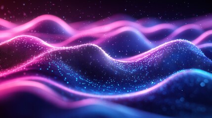 Poster - A vibrant digital wave pattern in shades of pink and blue, with shimmering particles creating a sense of depth and movement.