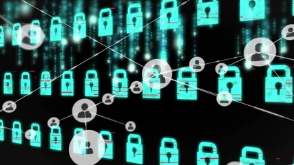 Poster - Network of connections and data processing animation over digital security icons