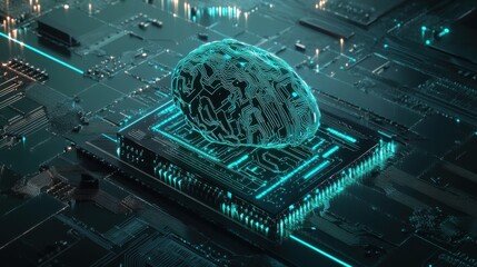 Poster - A digital representation of a brain over a circuit board, symbolizing artificial intelligence and technology integration.