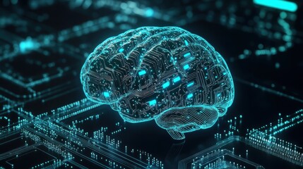 Poster - A futuristic digital brain with circuit patterns, symbolizing artificial intelligence and advanced technology on a glowing background.