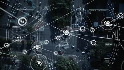 Poster - Network of connections and data processing animation over aerial view of traffic