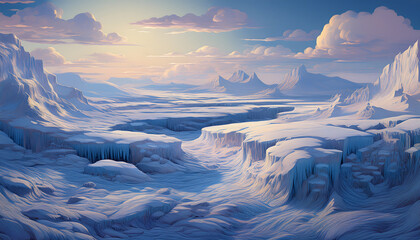 Aufkleber - Expansive icy landscape under a colorful sky, featuring mountains and glaciers, creating a serene and majestic atmosphere