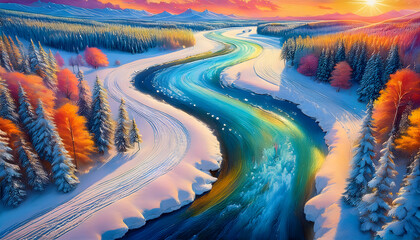 Poster - A vibrant, winding river flows through a snow-covered landscape, framed by colorful trees under a dramatic sunset sky
