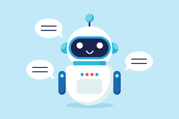 Poster - Flat illustration of smart robot chatbot speak with speech bubble symbolizing AI driven customer service