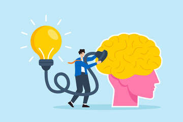 Poster - Flat illustration of businessman connect lightbulb idea plug to human brain symbolizing creativity and innovation