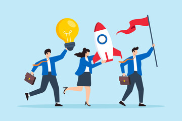 Poster - Flat illustration of business people hold winner flag rocket ship and lightbulb idea symbolizing entrepreneurship