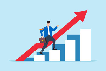 Poster - flat illustration of businessman walk up growth chart staircase symbolizing progress toward success