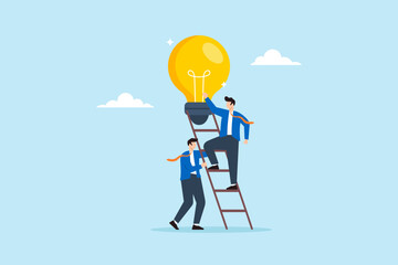 Poster - Flat illustration of businessmen help colleague climb up lightbulb idea symbolizing teamwork and leadership