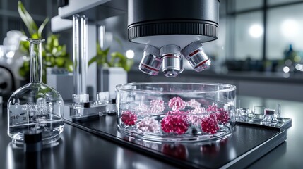 Poster - Scientific research cultured cells in petri dish laboratory setting microscope focus biological study