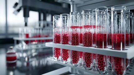 Poster - Blood sample analysis laboratory scientific photo test tubes macro view medical research insights