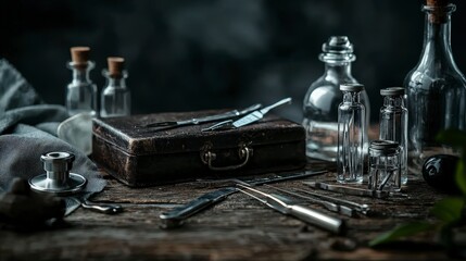 Poster - Vintage medical kit arrangement old workshop still life rustic setting close-up historical significance