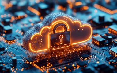 Poster - 3D rendering of a padlock on a cloud and motherboard, representing internet data privacy, cloud computing security, and digital protection, hightech concept