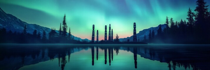 Wall Mural - aurora borealis over a lake with forest and mountain silhouettes reflected in water.
