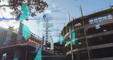 Poster - Construction site with data analytics animation overlaying buildings and cranes