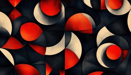 Poster - Artistic composition featuring circles, segments, and triangles in shades of black, red, and beige