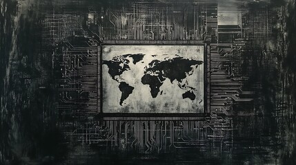 Aufkleber - Abstract representation of a world map integrated with circuit patterns, symbolizing technology and connectivity