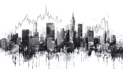 Poster - Abstract city skyline with financial graphs overlay, depicting urban growth and market trends
