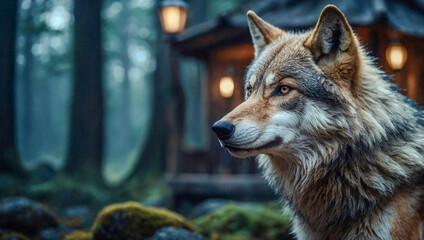 Wall Mural - adorable illustrated wolf character in an enchanting environment.
