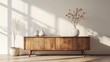 © AiPhotoSale - Minimalist interior with a warm wooden sideboard and delicate floral arrangements bathed in soft sunlight. Clean, serene aesthetic
