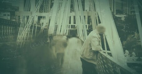 Poster - Animation of mathematical equations overlaying people walking on school bridge